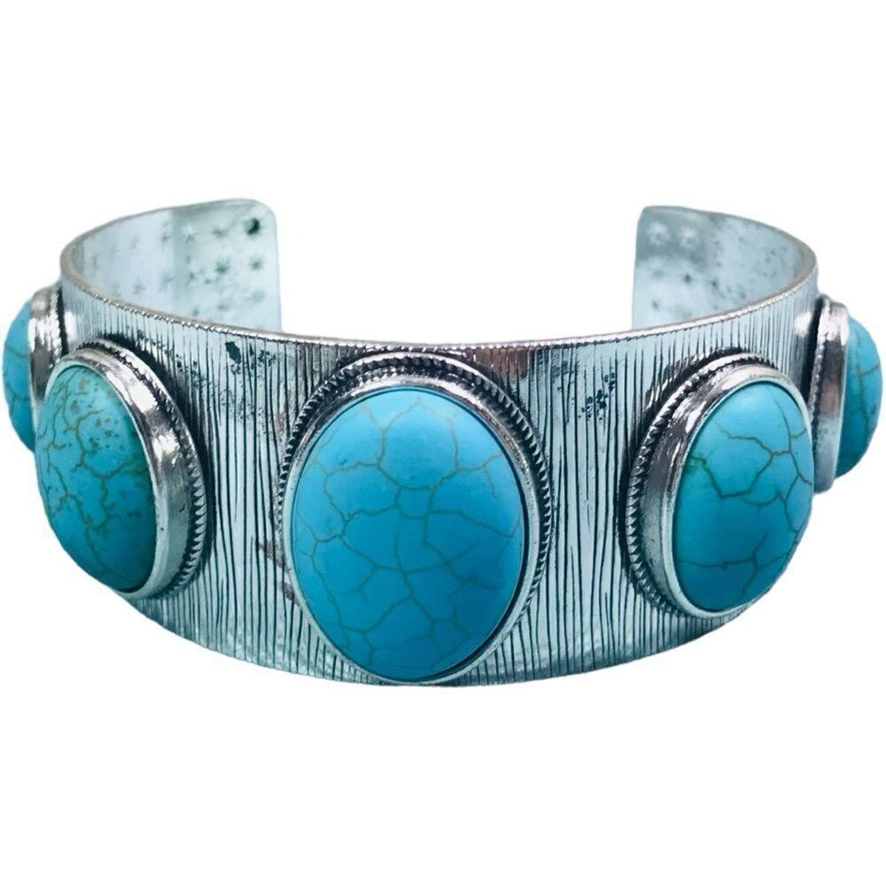 Silver Tone & Turquoise Wide Open Cuff Bracelet - Picture 2 of 10